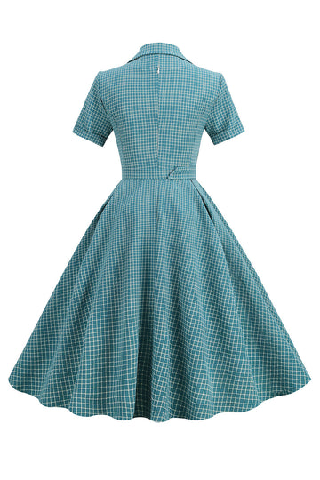 Vintage V Neck Blue Plaid 1950s Dress